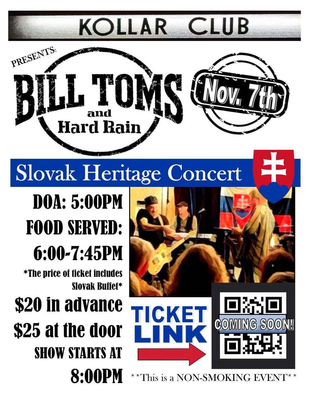 Slovak Heritage Concert flyer: Bill Toms and Hard Rain, November 7